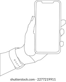 One line drawing hand holding mobile and outline vector on white background