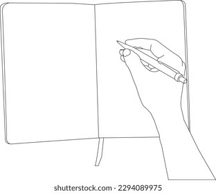 one line drawing hand holding pen and book   outline vector white background