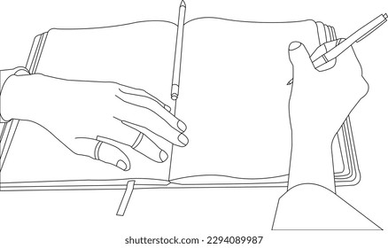 one line drawing hand holding pen and book   outline vector white background