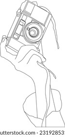 one line drawing hand holding camera and outline vector on white background