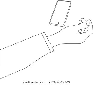 One line drawing hand holding mobile and outline vector on white background