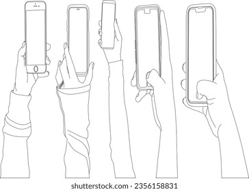 one line drawing hand holding phone collection on white background