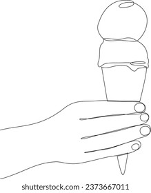 Dibujo de una línea de mano sosteniendo cuerno de helado con dos bolas. Ilustración vectorial.
