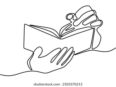 One line drawing of a hand holding a book. Minimalist book illustration in continuous line style.