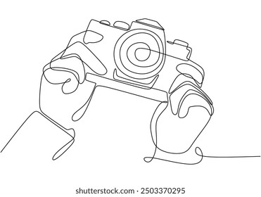 One Line Drawing of Hand Holding Camera. World Photography Day Minimalist Illustration