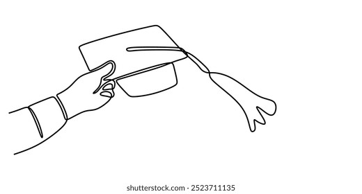 One line drawing of a hand holding a graduation cap. Minimalist representation of academic achievement. Vector illustration.