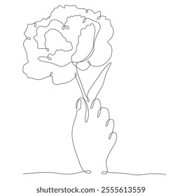 One line drawing hand holding flower peony, chrysanthemum. Decorative flower concept for greeting card. Continuous line for logo