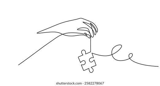 One line drawing of Hand holding a jigsaw puzzle piece. Representing solution or part of a whole. Vector illustration hand drawn.