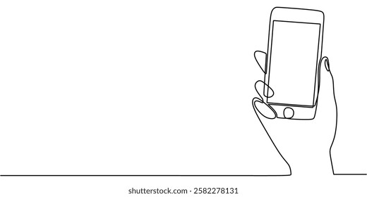 One line drawing of Hand holding a smartphone. Symbolizing technology and connectivity. Vector illustration hand drawn.