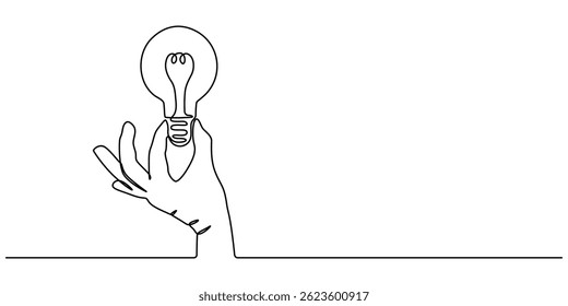 One line drawing of Hand holding a light bulb. Symbol of creativity and invention, Continuous line drawing. Hands palms together with light bulb, Single continuous line of hands holding plant inside 