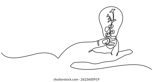 One line drawing of Hand holding a light bulb. Symbol of creativity and invention, Continuous line drawing. Hands palms together with light bulb, Single continuous line of hands holding plant inside 