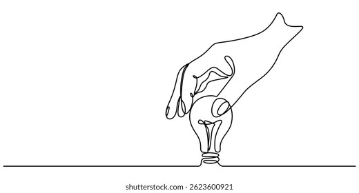 One line drawing of Hand holding a light bulb. Symbol of creativity and invention, Continuous line drawing. Hands palms together with light bulb, Single continuous line of hands holding plant inside 