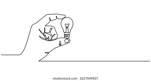 One line drawing of Hand holding a light bulb. Symbol of creativity and invention, Continuous line drawing. Hands palms together with light bulb, Single continuous line of hands holding plant inside