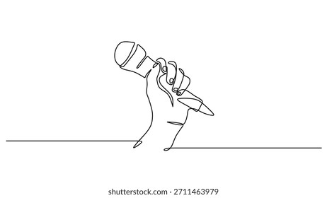 Dibujo de una mano sosteniendo un micrófono, Ilustración vectorial de boceto de contorno simple.