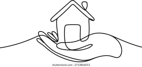 Dibujo de una línea de Mano sosteniendo una casa Pequeña. Representando el refugio y la familia. una línea de dibujo de iconos con fondo blanco
