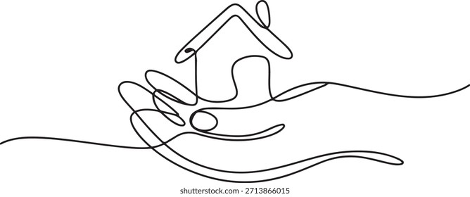 Dibujo de una línea de Mano sosteniendo una casa Pequeña. Representando el refugio y la familia. una línea de dibujo de iconos con fondo blanco
