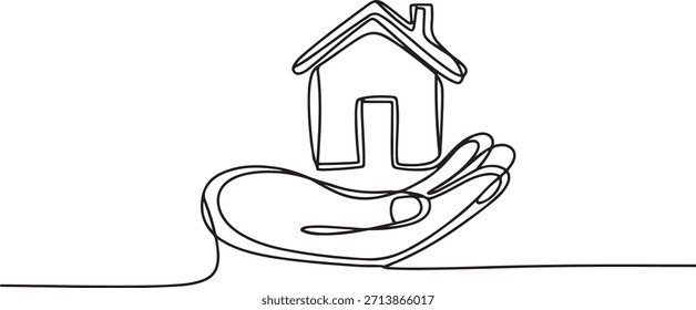 Dibujo de una línea de Mano sosteniendo una casa Pequeña. Representando el refugio y la familia. una línea de dibujo de iconos con fondo blanco

