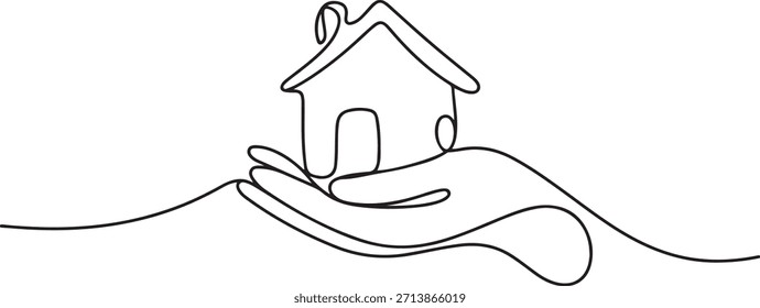 Dibujo de una línea de Mano sosteniendo una casa Pequeña. Representando el refugio y la familia. una línea de dibujo de iconos con fondo blanco
