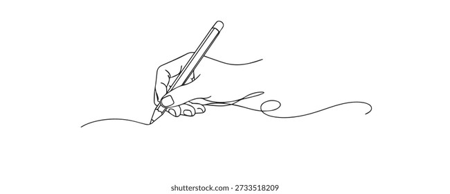 One line drawing of a hand holding a pen while writing, symbolizing creativity, communication, and human expression.
Hand drawn continuous line representing writing process, ideas, education, and artistic workflow.