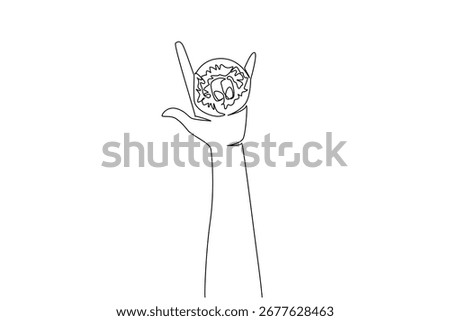 One line drawing of a hand holding a donut in a rock-and-roll gesture, blending fun and creativity. Food concept with an international celebration theme, National Donut Day.