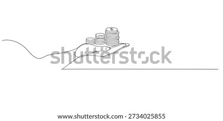 One line drawing of a hand holding stacked coins symbolizing financial growth and wealth. Hand drawn continuous line representing savings, investment, income, and money management.