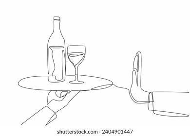 One line drawing a hand make a stop gesture to prevent alcohol drink in glass and bottle. Dry January international event to forbid drinking alcohol