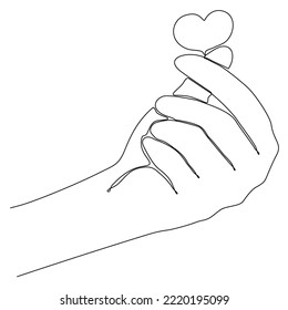 
Dibujo de una línea de una mano haciendo un símbolo o signo cardíaco con un dedo. Hermosas manos con espacio para copiar. Concepto de amor con gesto de mano. Ilustración vectorial de diseño de línea continua moderna