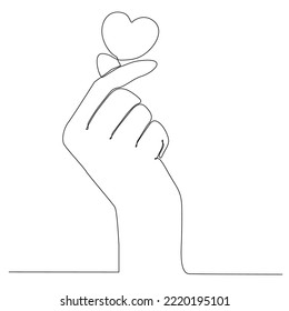 
One line drawing of a hand making a heart sign or symbol with a finger. Beautiful hands with copy space. Love concept with hand gesture. Modern continuous line design graphic vector illustration