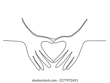 Una línea dibujando el símbolo de la mano o del corazón con el dedo. Hermosas manos con espacio para copiar. Concepto de amor con gestos de mano. Ilustración gráfica de diseño gráfico de líneas continuas modernas