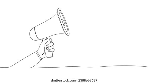One line drawing hand with megaphone. Vector illustration. Handmade illustration, not AI