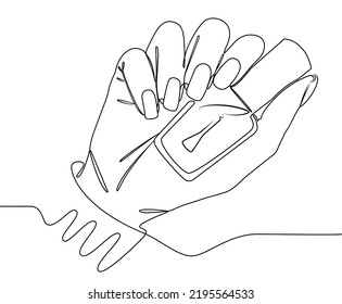 One line drawing of a hand and nail polish on a white background. A hand holds a bottle of nail polish. Mockup for beauty salons, postcards, posters, logos isolated on white background vector.
