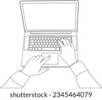 one line drawing hand with personal computer and outline vector on white background