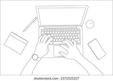 one line drawing hand with personal computer and outline vector on white background