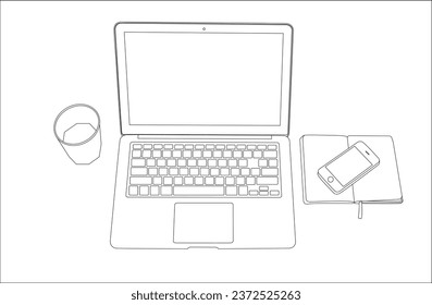 one line drawing hand with personal computer and outline vector on white background