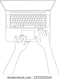one line drawing hand with personal computer and outline vector on white background
