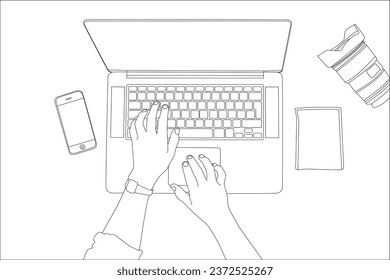 one line drawing hand with personal computer and outline vector on white background