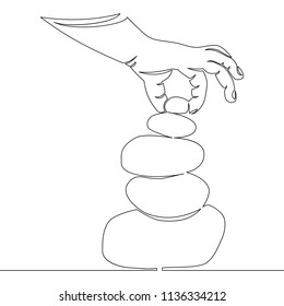 One line drawing hand putting the last stone on the top of a pile of flat stones Zen rock balancing Vector illustration