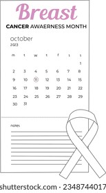 one line drawing hand ribbon and calender with breast cancer awareness month