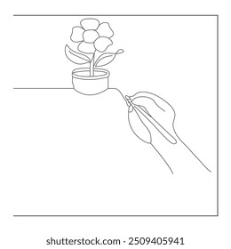 Um desenho de linha de uma mão com rosa. Ilustração vetorial isolada sobre fundo branco.