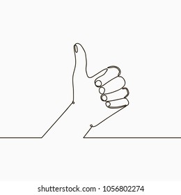 One line drawing of hand showing great sign. Continuous line finger up. Hand-drawn illustration of linear like gesture. Vector.