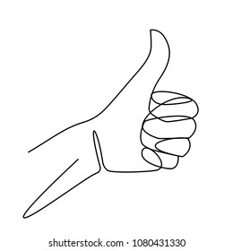 One line drawing of hand showing great sign. Continuous line finger up. Hand-drawn vector illustration of linear like gesture.