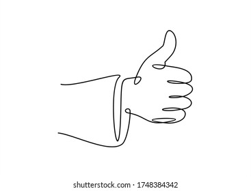 One line drawing of hand showing great sign. Continuous line finger up.