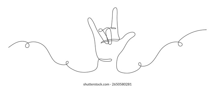 One line drawing of hand showing 'I love you' gesture. Minimalist linear style. Simple outline for love, emotions, communication. Editable stroke. Vector illustration.