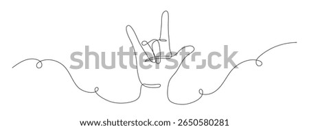 One line drawing of hand showing 'I love you' gesture. Minimalist linear style. Simple outline for love, emotions, communication. Editable stroke. Vector illustration.