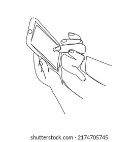 One line drawing hand touch the phone smartphone. Continuous line art of hand using mobile phone. 