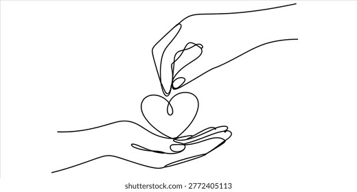 One line drawing of hands giving and receiving a heart shape, symbolizing love and care Vector, illustration