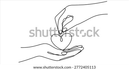 One line drawing of hands giving and receiving a heart shape, symbolizing love and care Vector, illustration