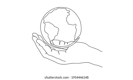 One line drawing of hands holding Earth globe. Save the planet concept. Earth Day