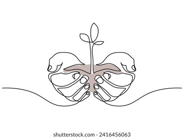Eine Linie Zeichnung der Hände, die eine Pflanze halten. Konzept des Wachstums und der Liebe Erde in einem kontinuierlichen, einzigen Umriss.
