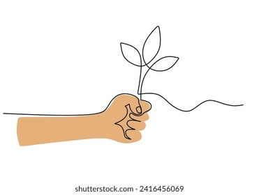 One line drawing of hands holding a plant. Concept of nature growing in continuous single outline.